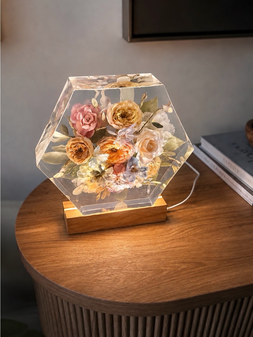 New Hexagon Floral LED Table Lamp, Wood Base, USB Multicolor